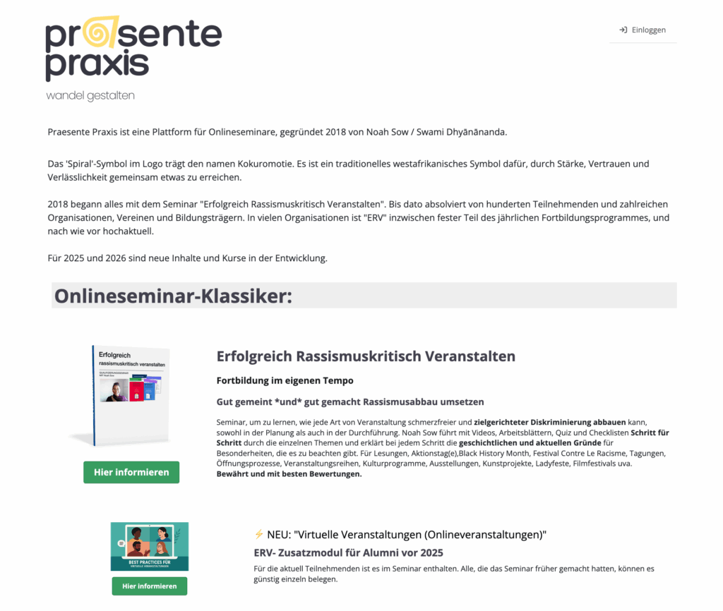Screenshot der einladenden Kursplattform "Praesente Praxis"